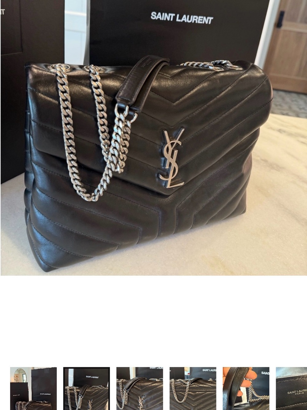 Saint Laurent Black Quilted Chevron Shoulder Bag with Silver YSL Hardware - Picture 2 of 7